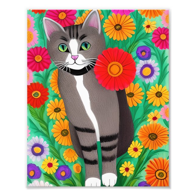 Whimsical Gray and White Cats and Red Flower Photo Print (Front)