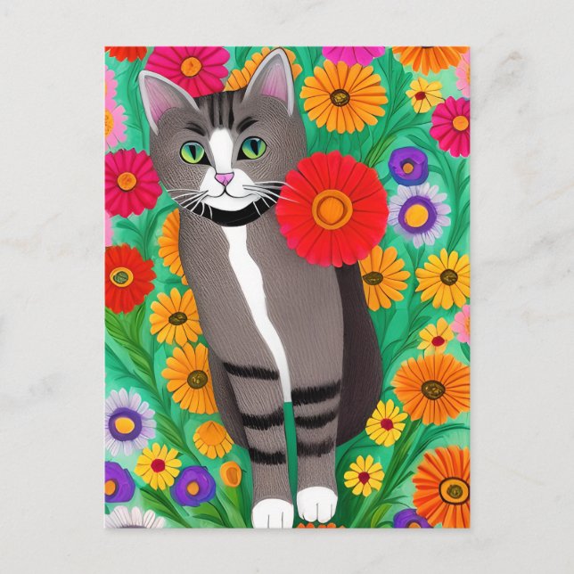 Whimsical Gray and White Cats and Red Flower Postcard (Front)