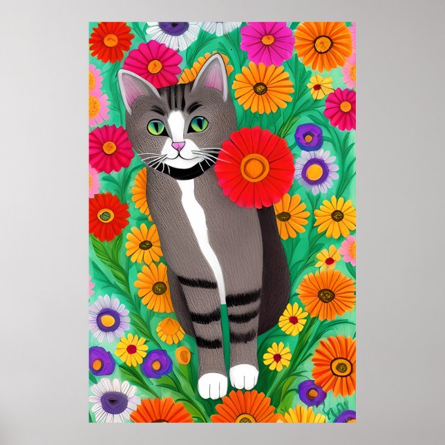 Whimsical Gray and White Cats and Red Flower Poster (Front)