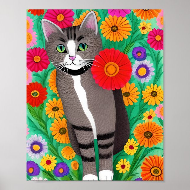 Whimsical Gray and White Cats and Red Flower Poster (Front)