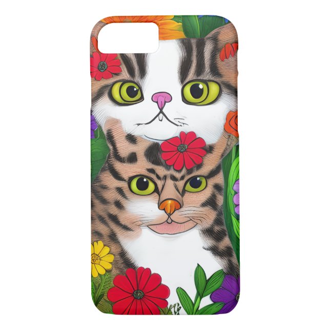 Whimsical Gray and White Cats | Colorful Flowers Case-Mate iPhone Case (Back)