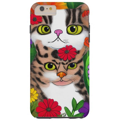 Whimsical Gray and White Cats  Colorful Flowers Tough iPhone 6 Plus Case