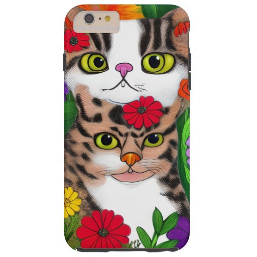 Whimsical Gray and White Cats | Colorful Flowers Tough iPhone 6 Plus Case