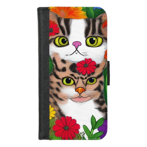 Whimsical Gray and White Cats  Colorful Flowers iPhone 87 Wallet Case