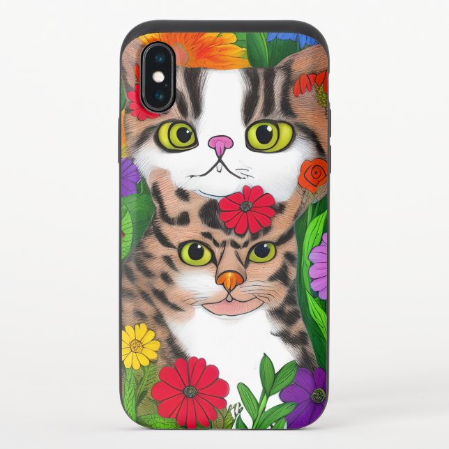 Whimsical Gray and White Cats | Colorful Flowers Uncommon iPhone Case (Back)