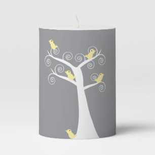 Whimsical Gray and Yellow Birds in Curly Tree Pillar Candle