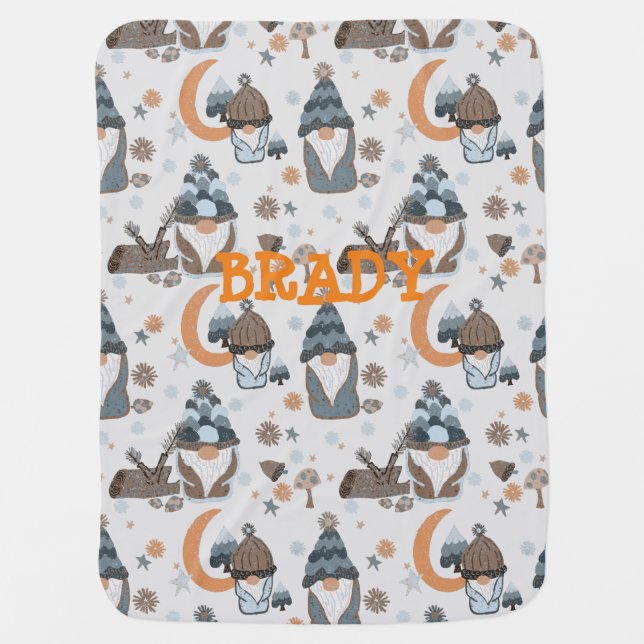 Whimsical Gray Blue Gnome Moon Stars Woodland Baby Blanket (Front)