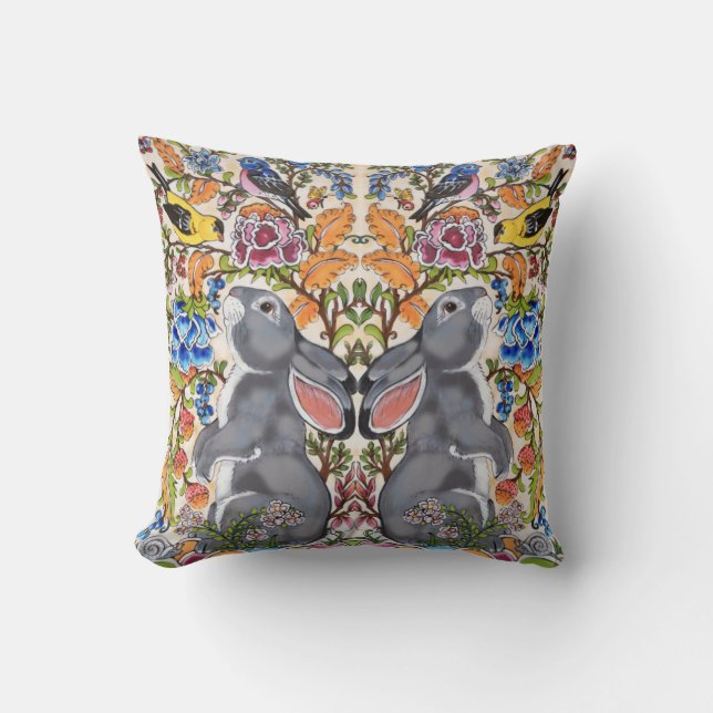 Whimsical Gray Bunny Rabbit Bird Floral Jacobean Throw Pillow (Front)