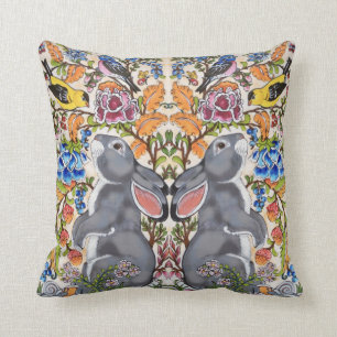 Whimsical Gray Bunny Rabbit Bird Floral Jacobean Throw Pillow