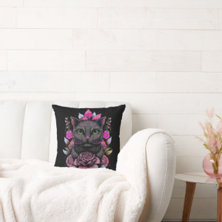 Whimsical Gray Cat with Pink Flowers Throw Pillow