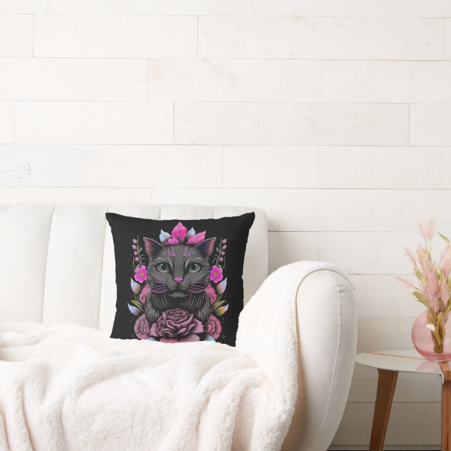 Whimsical Gray Cat with Pink Flowers Throw Pillow (Couch)