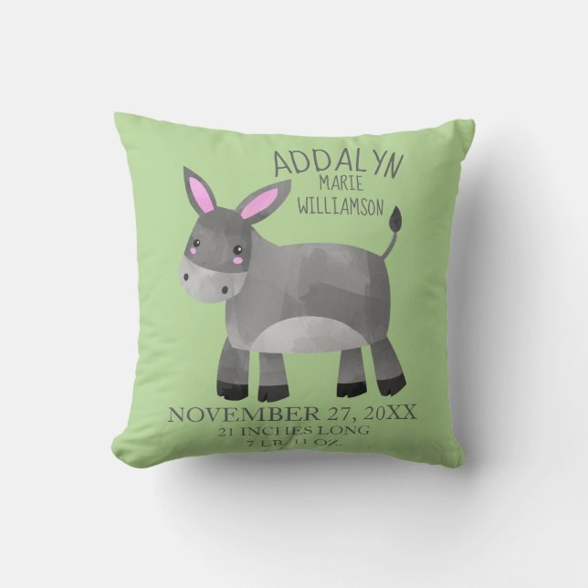 Whimsical Gray Donkey Green Child's Name Birthdate Throw Pillow (Front)