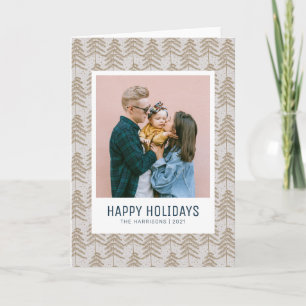 Whimsical Gray Gold Pine Tree Family Photo 2021  Holiday Card