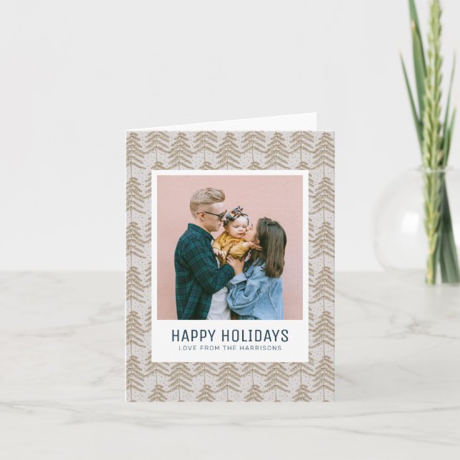 Whimsical Gray Gold Pine Tree Pattern Family Photo Holiday Card (Front)