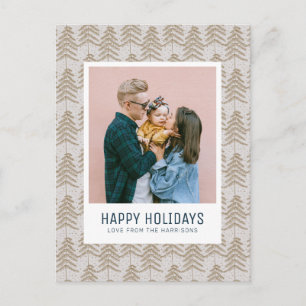 Whimsical Gray Gold Pine Tree Pattern Family Photo Holiday Postcard