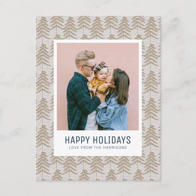 Whimsical Gray Gold Pine Tree Pattern Family Photo Holiday Postcard (Front)