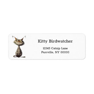 Whimsical Gray Grinning Cat Illustration Address Label