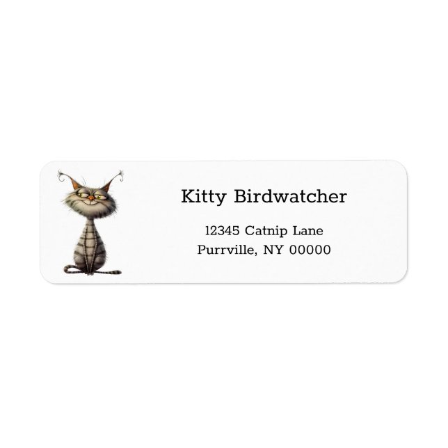 Whimsical Gray Grinning Cat Illustration Address Label (Front)