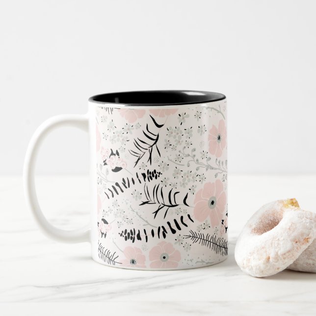 Whimsical Gray Pink Black Patterned Flowers Two-Tone Coffee Mug (With Donut)