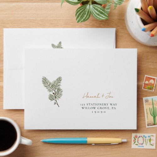 Whimsical Green and Gold Pine Cone Wedding Envelope