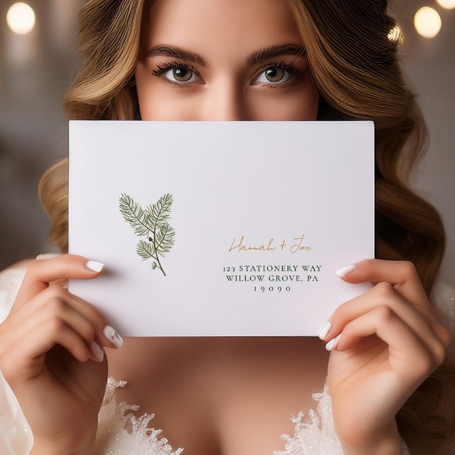 Whimsical Green and Gold Pine Cone Wedding Envelope (Creator Uploaded)