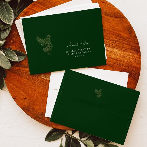 Whimsical Green and Gold Pine Cone Wedding Envelope