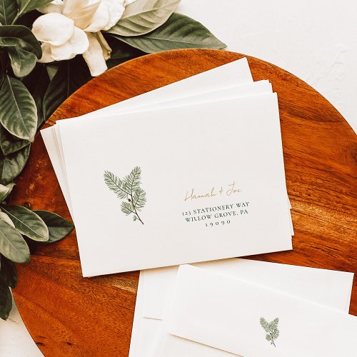 Whimsical Green and Gold Pine Cone Wedding Envelope
