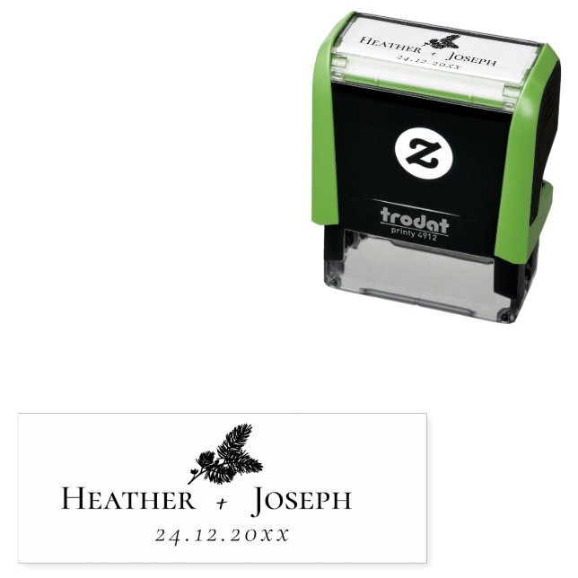 Whimsical Green and Gold Pine Cone Wedding Self-inking Stamp (In Situ)