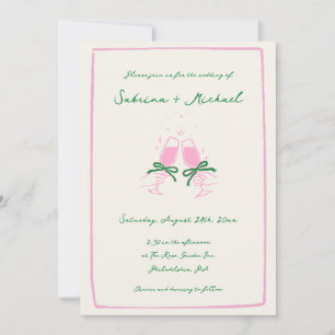 Whimsical Green and Pink Hand Drawn Glass Wedding Invitation