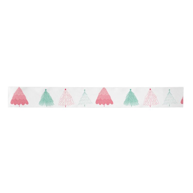 Whimsical Green and Pink Trees Christmas Satin Ribbon (Front)