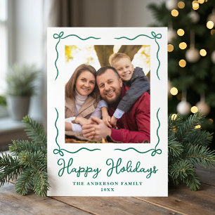 Whimsical Green Bow Frame Happy Holidays Letterpress Photo Cards