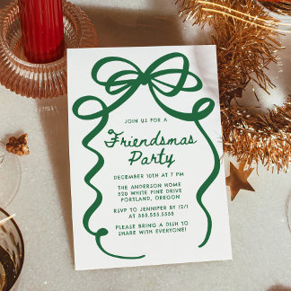 Whimsical Green Bow Friendsmas Christmas Party Invitation
