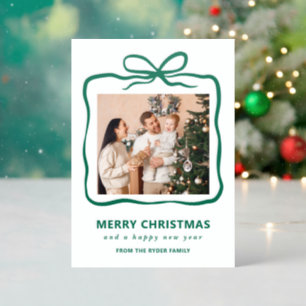 Whimsical Green Bow Merry Christmas Photo Letterpress Photo Cards