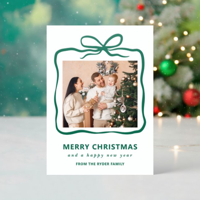 Whimsical Green Bow Merry Christmas Photo Letterpress Photo Cards (Front (Into))
