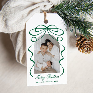 Whimsical Green Bow Ribbon Arch Photo Christmas Gift Tags