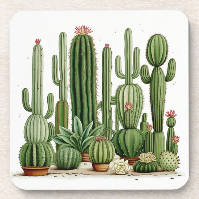 Whimsical Green Cacti Coaster Set (Front)