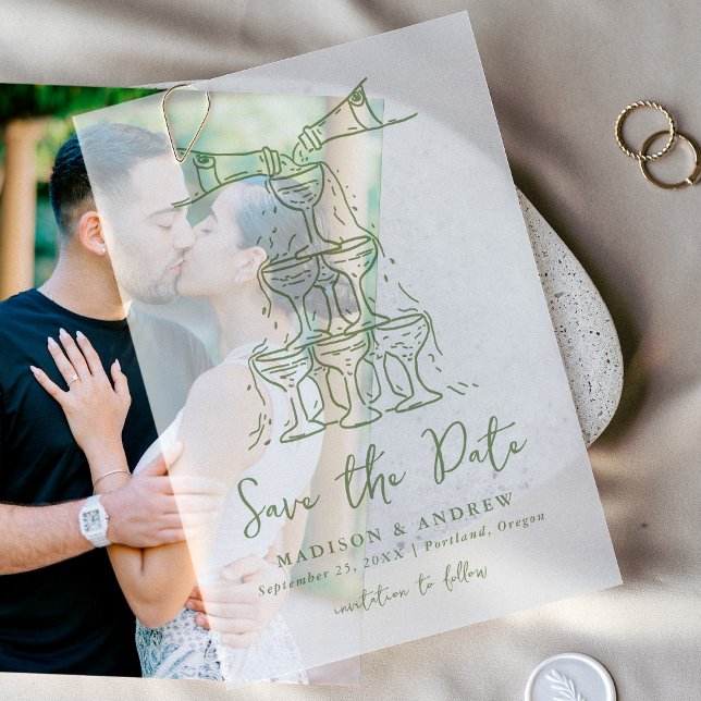 Whimsical Green Champagne Tower Save the Date Vellum Invitations (Creator Uploaded)