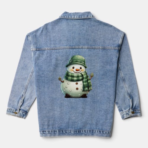Whimsical Green Christmas Snowman  Denim Jacket