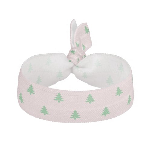 Whimsical Green Christmas Tree Pattern on Pink  Elastic Hair Tie
