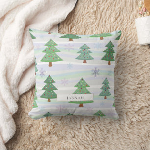 Whimsical Green Christmas Tree Winter Pattern Throw Pillow