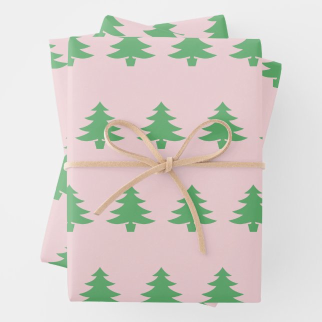 Whimsical Green Christmas Trees on Pale Pink Wrapping Paper Sheets (In situ)