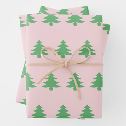 Whimsical Green Christmas Trees on Pink Christmas Wrapping Paper Sheets