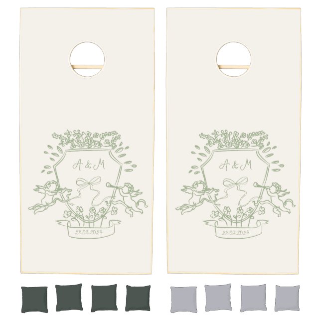 Whimsical Green Cupid Crest Wedding Cornhole Set (Set)