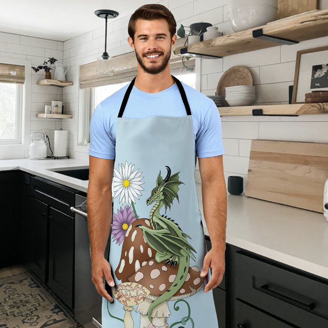 Whimsical Green Fantasy Dragon Mushroom Flowers Apron (Creator Uploaded)