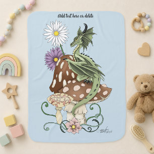 Whimsical Green Fantasy Dragon Mushroom Flowers Baby Blanket