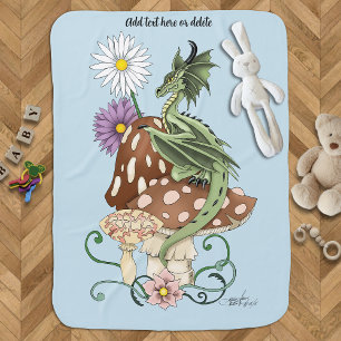 Whimsical Green Fantasy Dragon Mushroom Flowers Baby Blanket