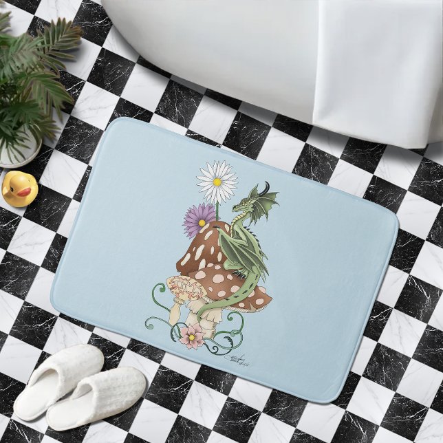 Whimsical Green Fantasy Dragon Mushroom Flowers Bath Mat (Creator Uploaded)