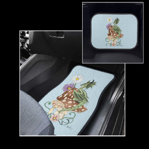 Whimsical Green Fantasy Dragon Mushroom Flowers Car Floor Mat