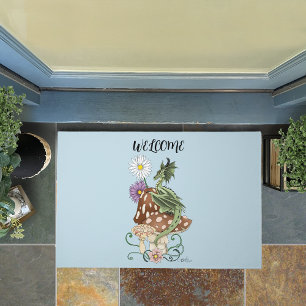 Whimsical Green Fantasy Dragon Mushroom Flowers Doormat