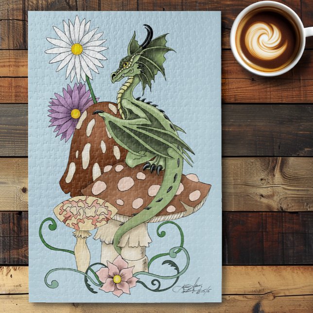 Whimsical Green Fantasy Dragon Mushroom Flowers Jigsaw Puzzle (Creator Uploaded)